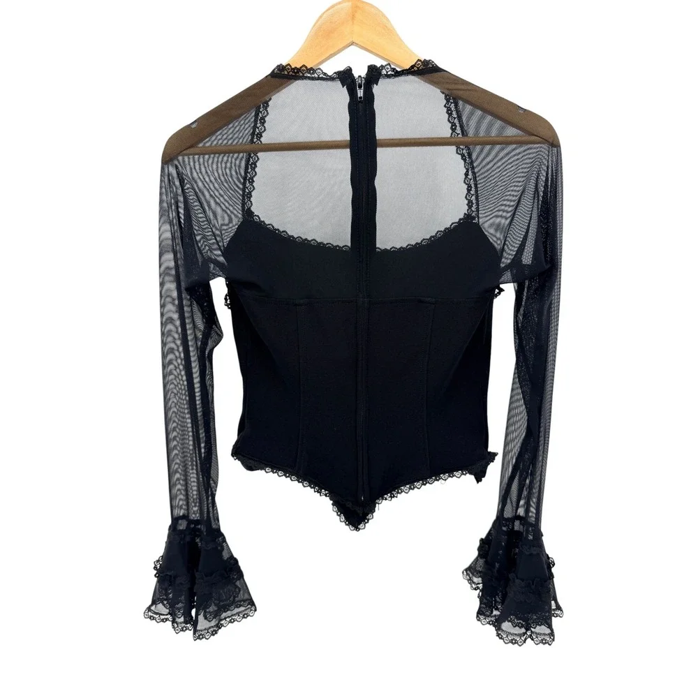 Tadashi Black Mesh Ruffle Corset Top Long Sleeve Victorian Gothic Vintage Size M